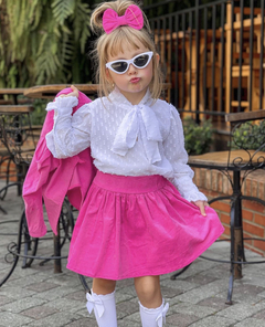Conjunto 4 Peças Blazer e Saia com Short Pink Veludo Princesa + Camisa Chifon (Acompanha Laço de Cabelo) - Coisas de Dondoquinha