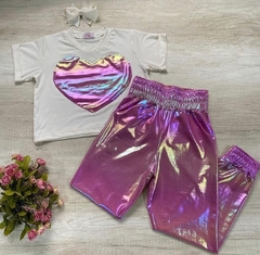 Conjunto Calça Pink Metalizada + Blusa Coração