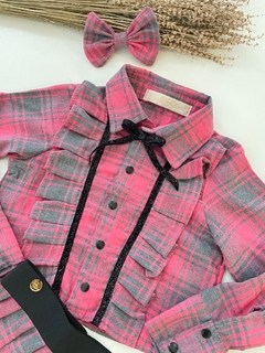 Conjunto Xadrez Rosa e Cinza com Detalhes em Brilho (Camisa + Saia + Laço de Cabelo) na internet