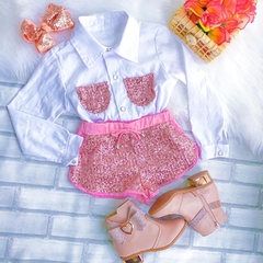 Conjunto Paetê Rosa (Camisa Tricoline + Short) na internet