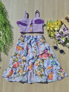 Conjunto Saia Mullet Floral e Cropped Lilás