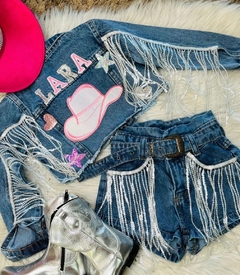 Conjunto Jeans Boiadeira com Franja em Paetê