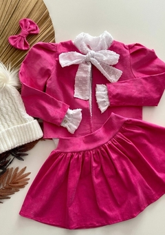 Conjunto 4 Peças Blazer e Saia com Short Pink Veludo Princesa + Camisa Chifon (Acompanha Laço de Cabelo) - loja online