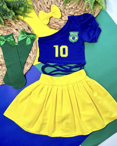 Conjunto BRASIL Copa do Mundo (Saia Short Amarelo + Cropped Azul + Laço de Cabelo) na internet