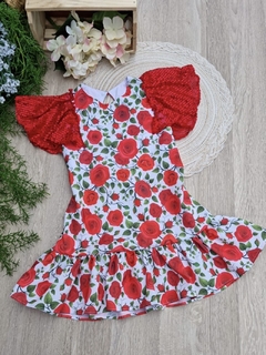 Vestido Floral com Paetê Vermelho