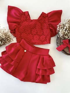 Conjunto Vermelho Linho com Renda Guipir (Acompanha Laço de Cabelo)