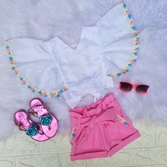 Conjunto Laise Rosa e Branco com Pompom - comprar online