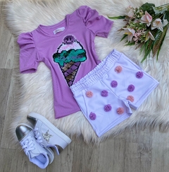 Conjunto Sorvete Lilás com Pompons (Short + Blusa)