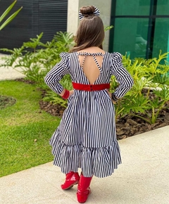 Imagem do Vestido Listrado + Cinto Vermelho + Laço de Cabelo