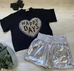 Conjunto Short Saia Prata Metalizado + Blusa Coração Happy Days