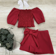 Conjunto Vermelho Alfaiataria (Shorts Saia + Blusa Lastex)