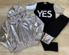 Conjunto YES 3 Peças Prata Metalizado (Calça Montaria + Blusa + Jaqueta)