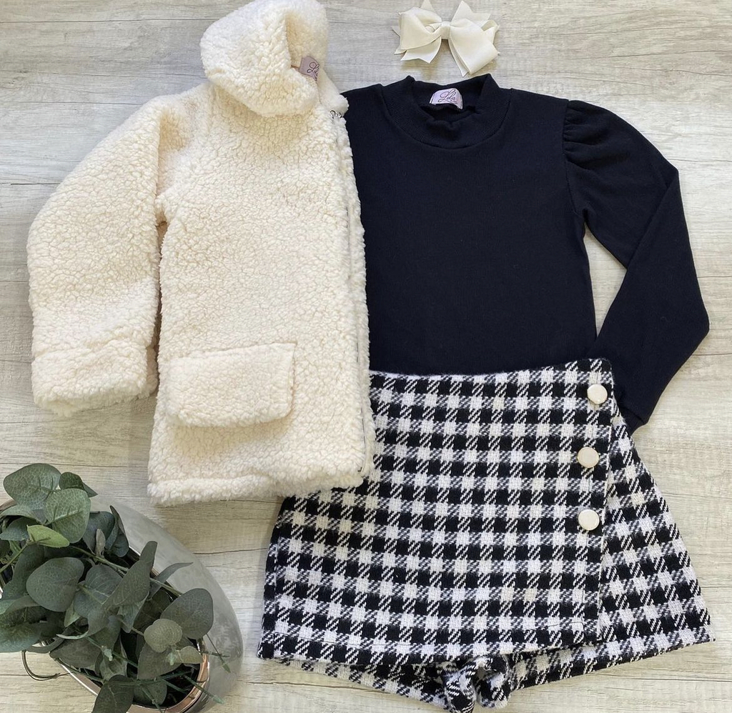 Conjunto 3 Pe as Short Saia Blusa Jaqueta Pelinho Bege