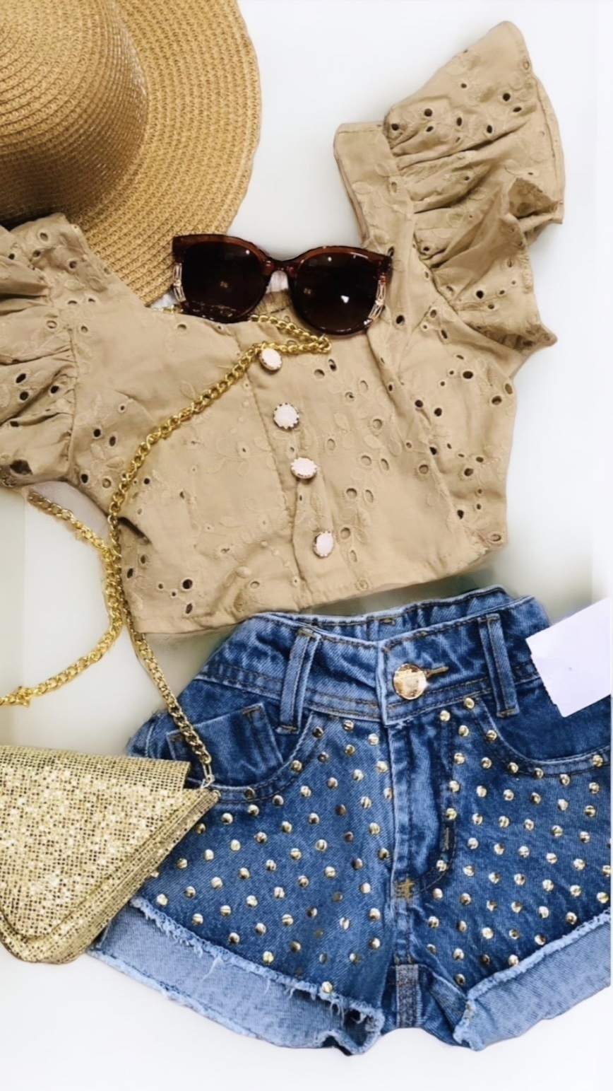 Conjunto Cropped Laise Bege Short Jeans Pedrinhas