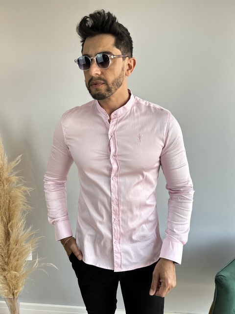 Camisa Acetinada Slim Fit Rosa Bebê - Gola Padre - Zip Off na internet