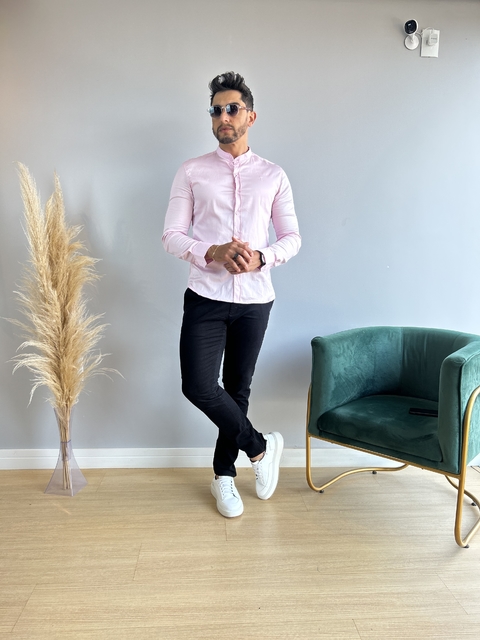 Camisa Acetinada Slim Fit Rosa Bebê - Gola Padre - Zip Off - loja online