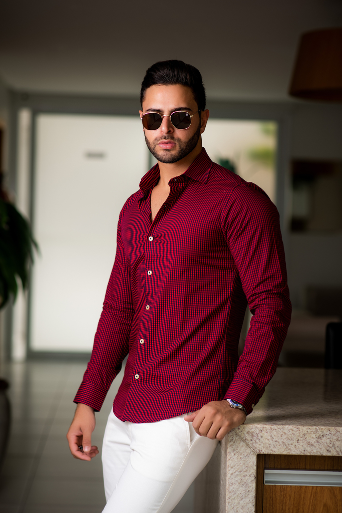 Camisa de Xadrez Slim Fit, Vermelhor Escuro