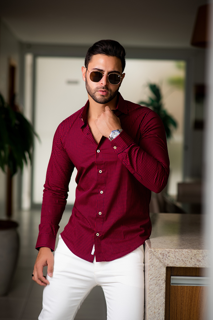 Camisa de Xadrez Slim Fit, Vermelhor Escuro