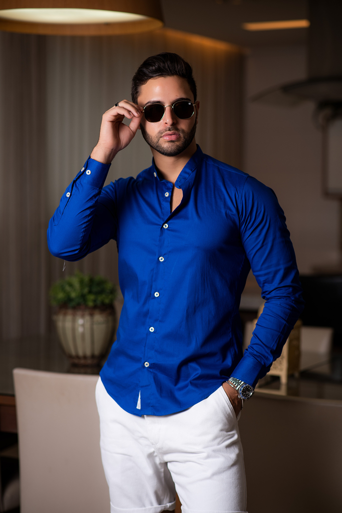 Camisa Social M.Longa Slim Fit Azul Royal - Gola Padre - Conquest