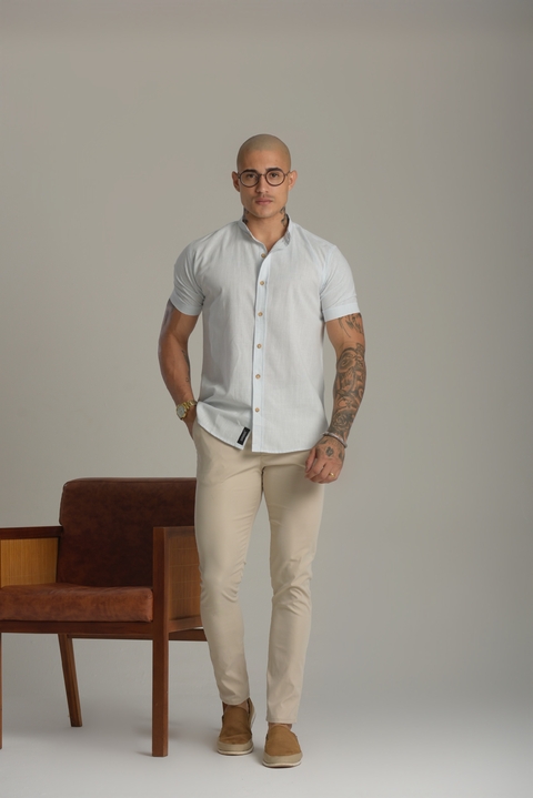 Camisa Slim Manga Curta Linho Azul Claro - Gola Padre - Conquest - comprar online