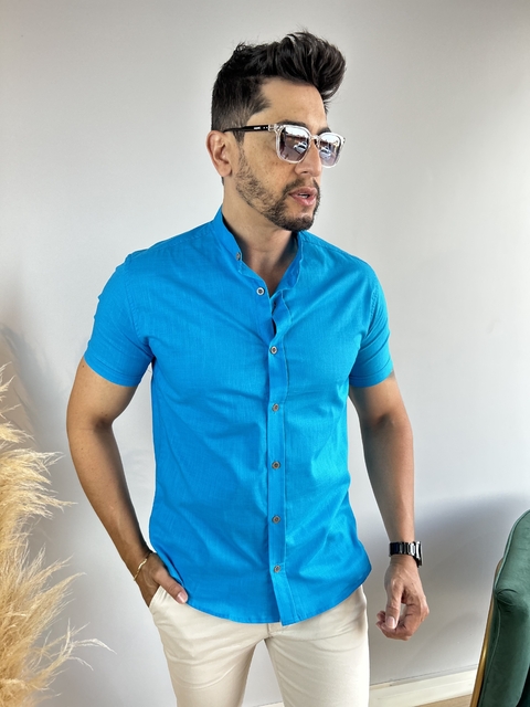 Camisa Slim M. Curta Linho Azul Celeste - Gola Padre - Conquest - loja online