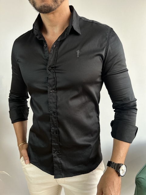 Camisa Social Acetinada Slim Preta - Zip Off