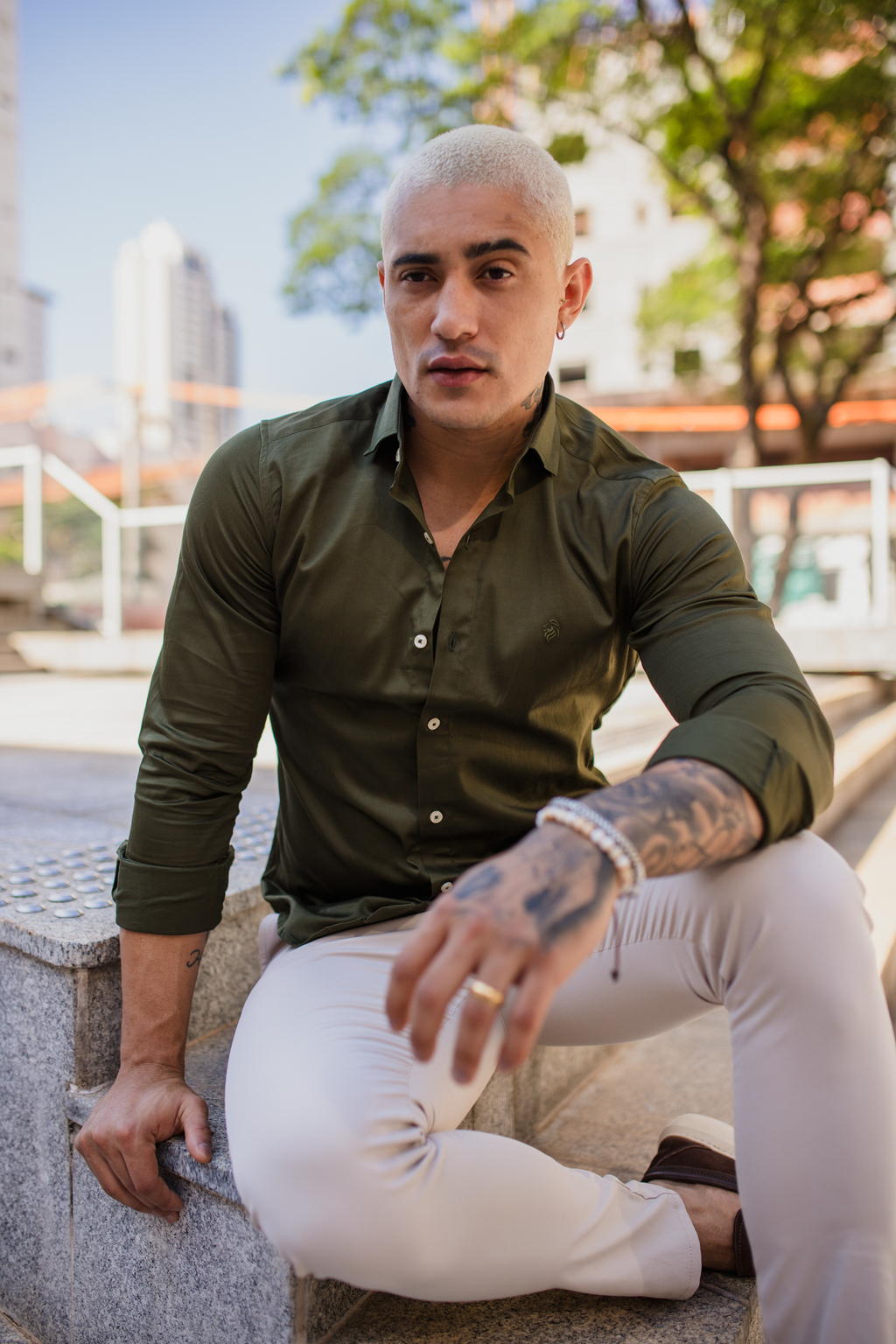 Camisa Slim M. Longa Acetinada Verde Militar - Conquest - loja online