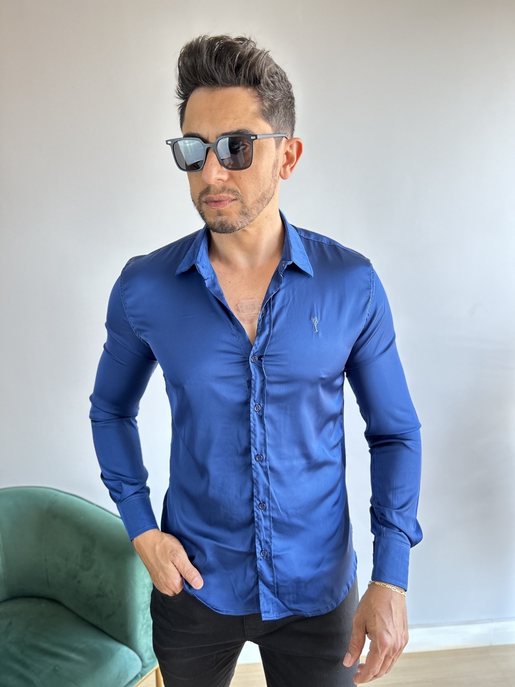 Camisa Social Viscose Acetinada Slim Fit Azul Royal - Zip Off