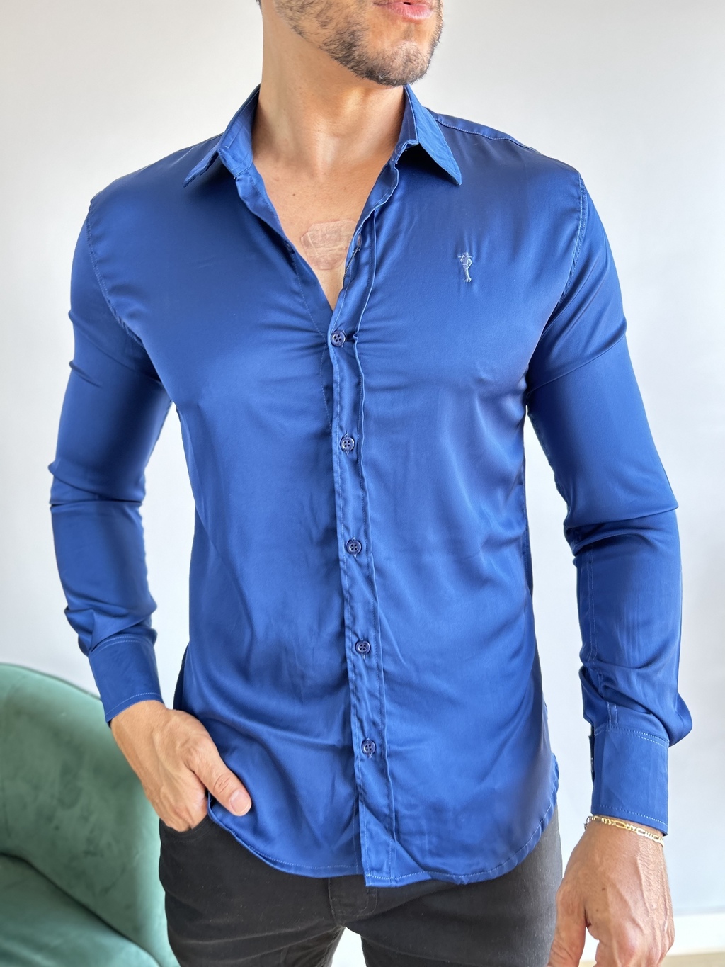 Camisa Social Viscose Acetinada Slim Fit Azul Royal - Zip Off