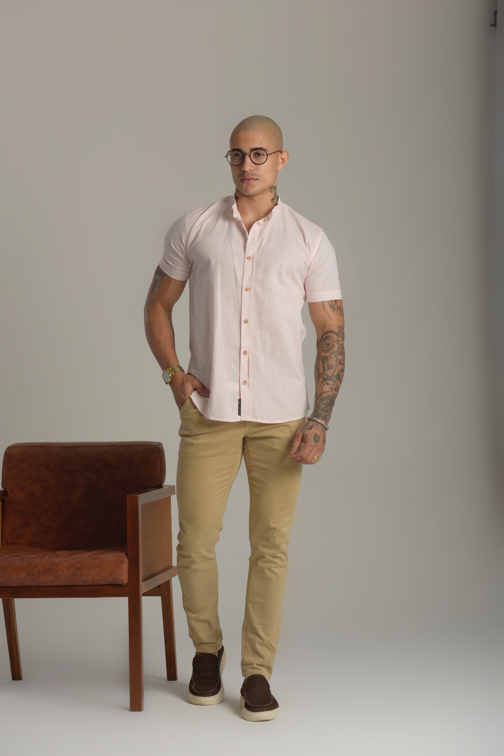 Camisa Slim Manga Curta Linho Rosa - Gola Padre - Conquest - comprar online