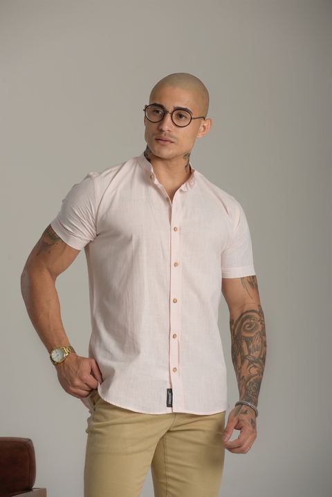 Camisa Slim Manga Curta Linho Rosa - Gola Padre - Conquest - comprar online