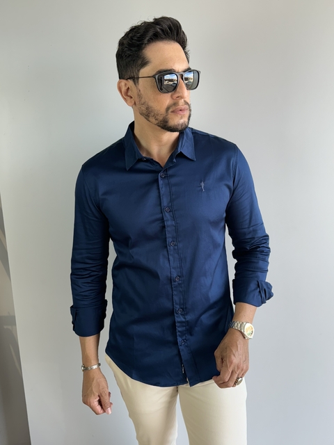 Camisa Social Acetinada Slim Azul Marinho - Zip Off - comprar online