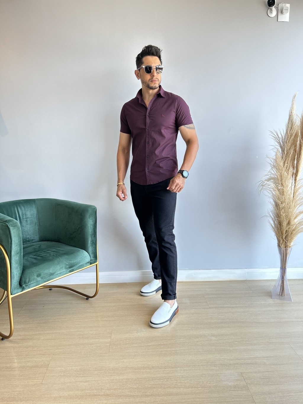 Camisa Slim Elastano Manga Curta Bordo - Acostamento - loja online