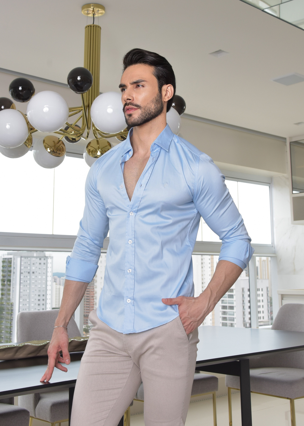 Camisa Social Slim M. Longa Acetinada Azul Claro - Conquest - Kamarim Patos