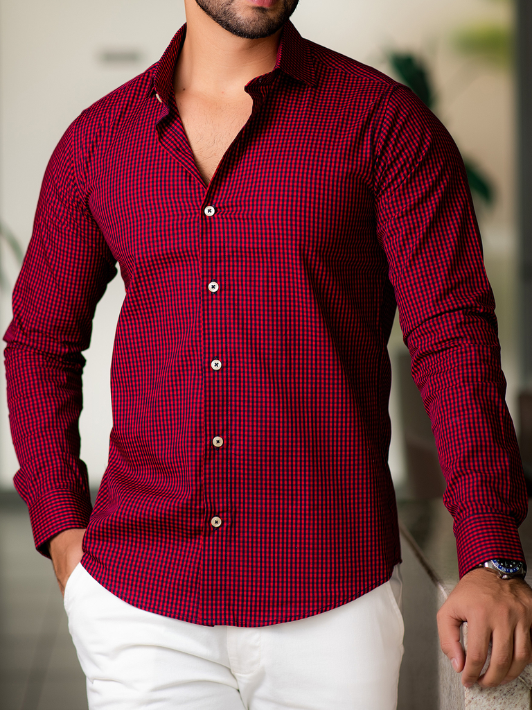 Camisa de Xadrez Slim Fit, Vermelhor Escuro