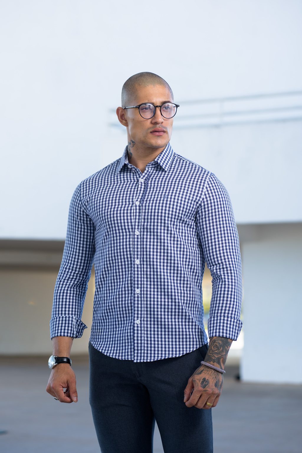 Camisa Slim Xadrez M. Longa Azul / Branco - Conquest