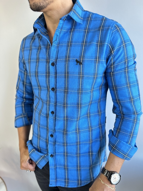 Camisa Casual Marshall Xadrez Manga Longa Vermelha Azul