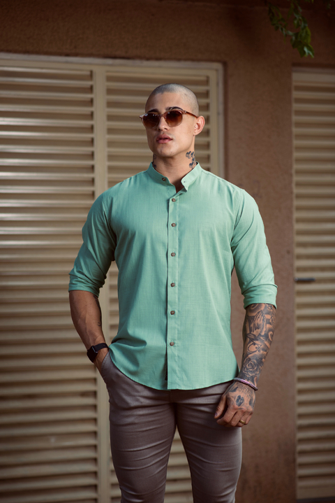 Imagem do Camisa Maldivas Slim Linho Flamê Verde Menta - Gola Padre - Conquest