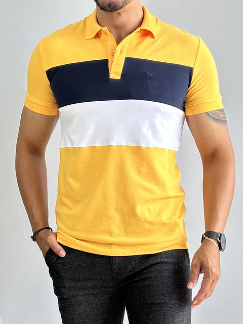 Camisa Polo Do Brasil Branca Faixa No Peito Azul e Amarelo