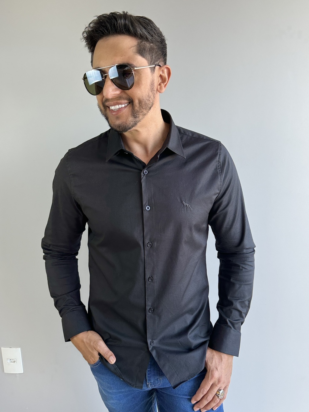 Camisa Social Cotton M. Longa Slim Preta - Acostamento