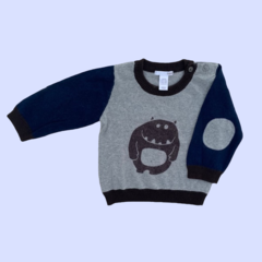 Sweater de hilo de algodón gris con mangas azules "Ogro" H&M- 12-18M