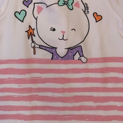 Enterito manga corta de algodón blanco con rayas rosas y gatito de colores Grisino - 6-9M - Comunidad Vestireta