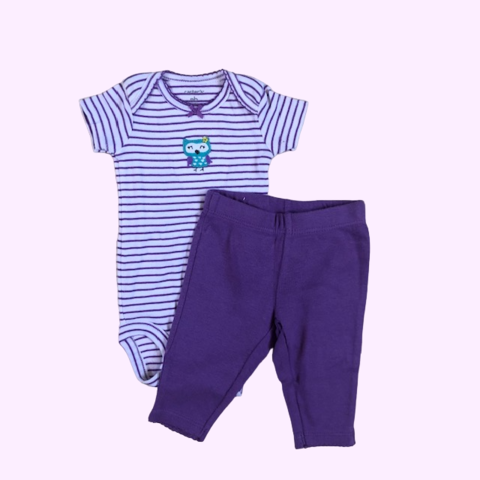 Conjunto body manga corta de algodón rayado y pantalón de algodón blanco y violeta "Búho" Carter´s - NB