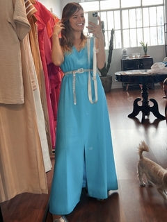 Vestido Fenda Frontal Liocel - Azul Turquesa