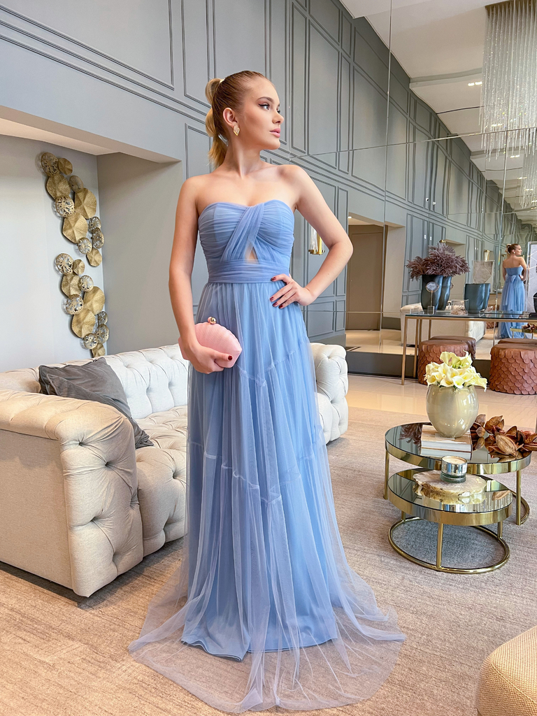 Vestido azul tomara que caia best sale longo