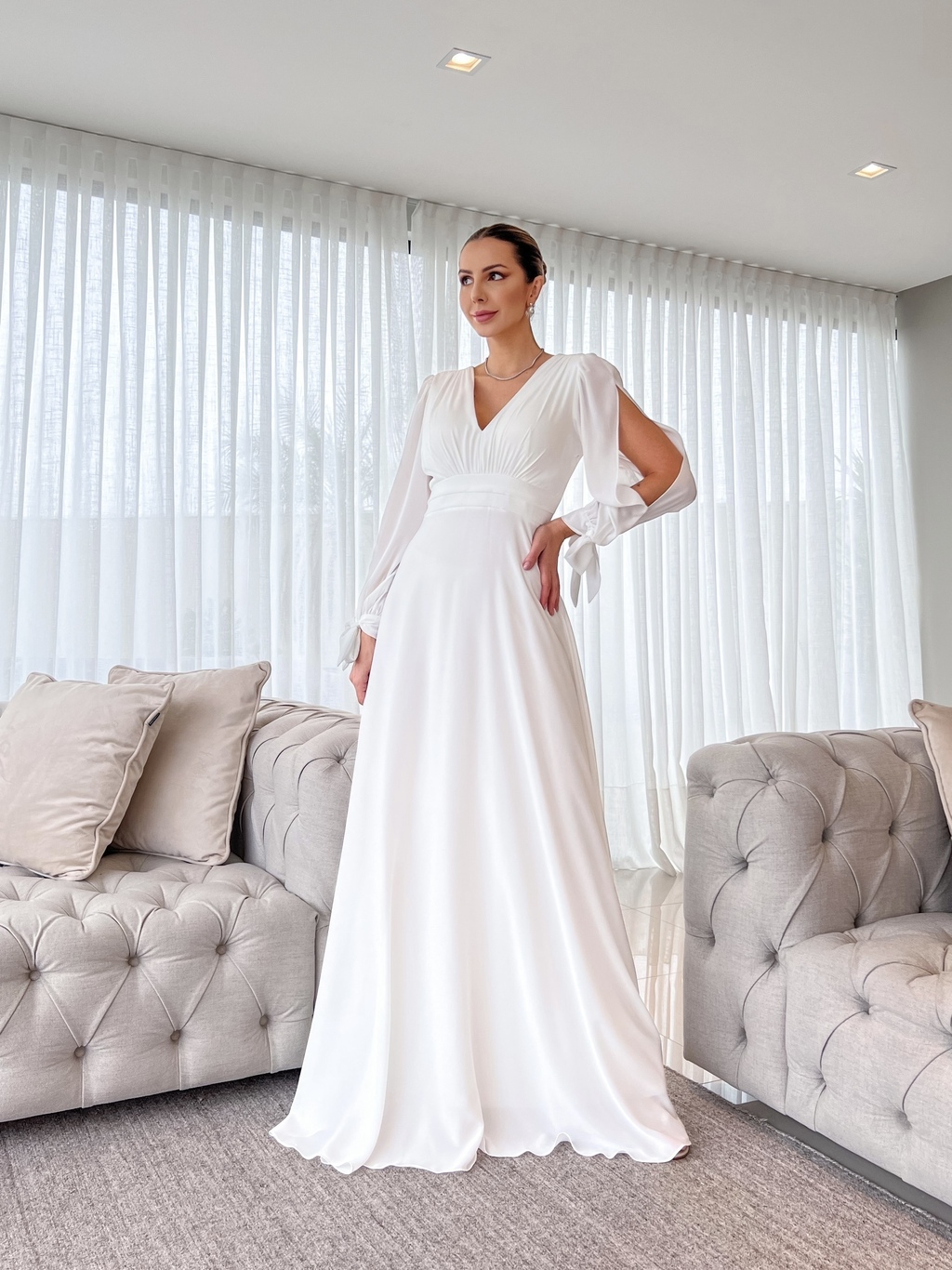 Vestido Paris noiva off white manga longa Dutt Co