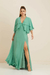 Vestido Phoebe manga 3/4 com camadas e decote V Verde Acinzentado - comprar online