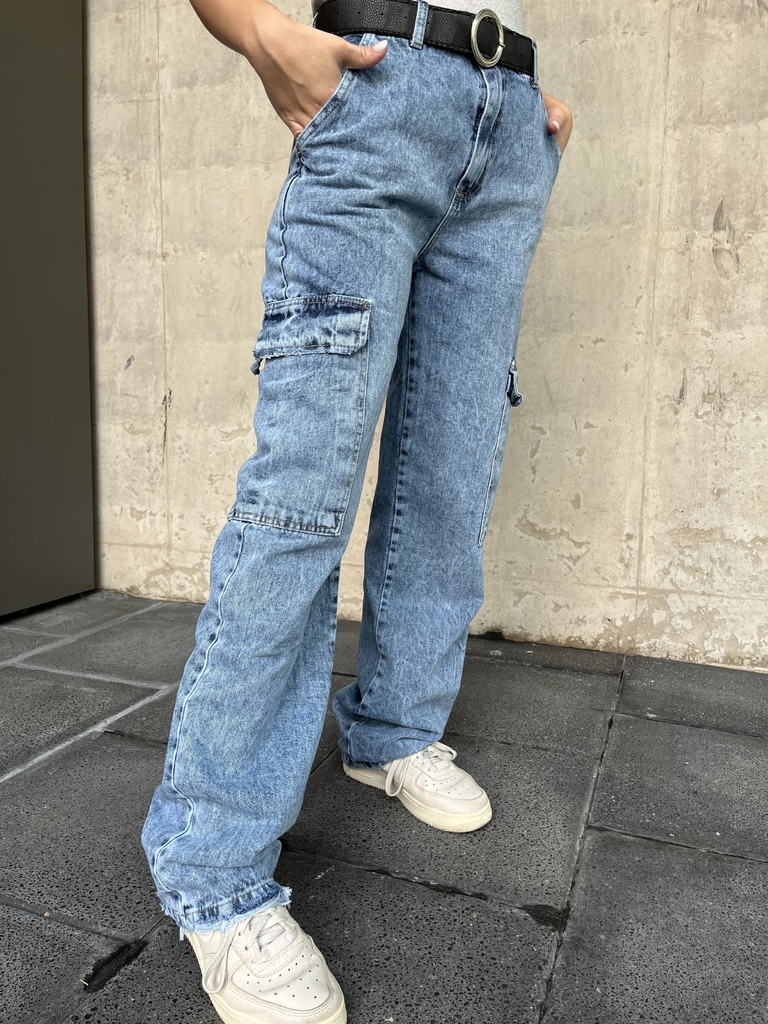 Pantalon Cargo Jeans Tiro Alto De Mujer Basic