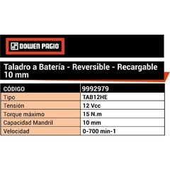 Imagen de Taladro Atornillador A Bateria Dowen Pagio Ion Litio 9992979 - 10 Mm - 12 Volt Reversible