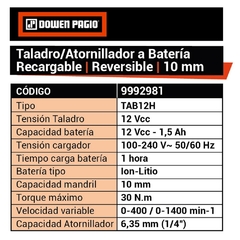 Taladro Atornillador A Bateria Dowen Pagio Ion Litio 9992981 - 10 Mm - 12 Volt Reversible - comprar online